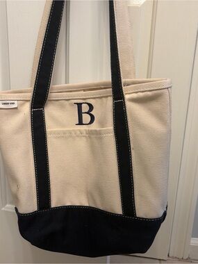 Lands' End Canvas Tote Bag in Cream and Black with Embroidered B